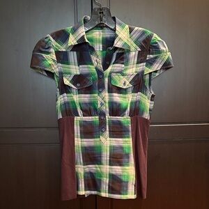 BCBGMaxAzria Green and Blue Plaid Shirt